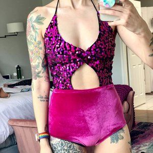 Festival Sequin Bodysuit in Pink Holographic Magenta - U.S. Size 2